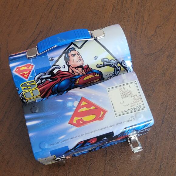 Superman Man of Steel Mini Lunch Box Tin Box DC Comics Blue Handle - Picture 7 of 7